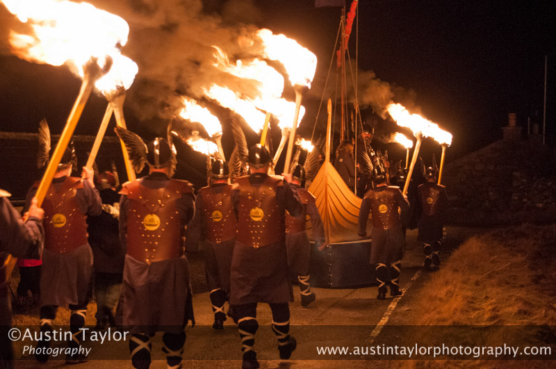 The Jarl Squad lead off the torchlight procession at Uyeasound Up Helly-Aa 2014