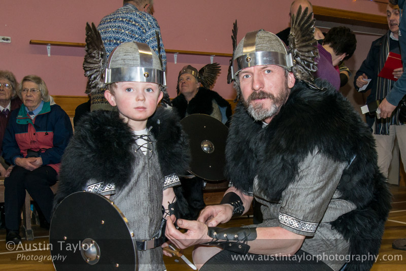 Aidan Sands (L) with Alan Sands - Guizer Jarl Squad at Bressay Hall - Bressay Up Helly-Aa 28 February 2014