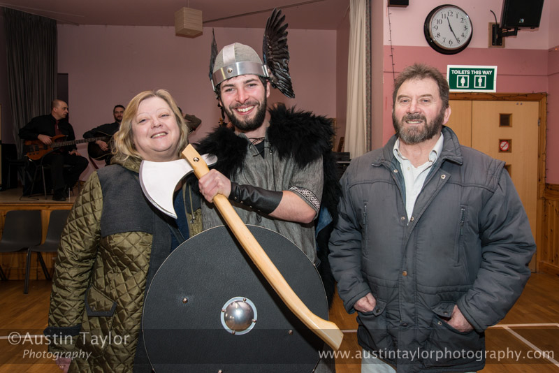 Jessie and Stewart Paton with neice's son John Robert Thomson - Guizer Jarl Squad at Bressay Hall - Bressay Up Helly-Aa 28 February 2014