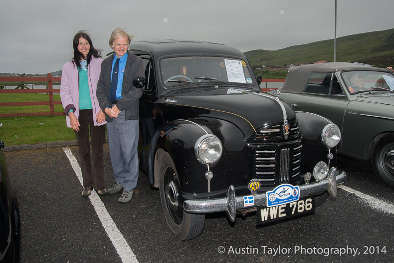 Pam and Rob Wilson with their 1954 Austin A40 Countryman at the Shetland Classic Motor Show 2014