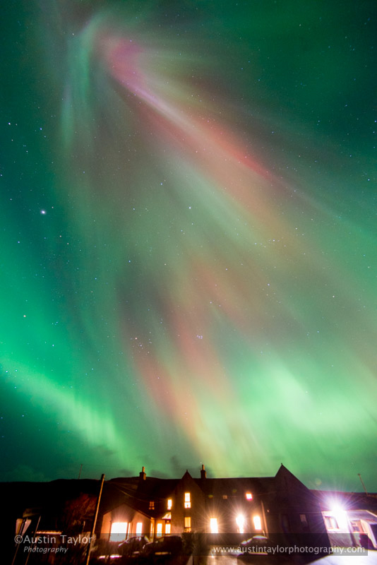 Aurora at south end of Loch of Strom over Whiteness, Shetland